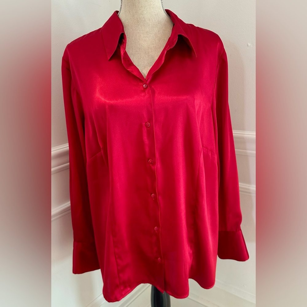 Lane Bryant Red Button Down Shirt Long Sleeve Cocktail Holiday Party Silky 18/20